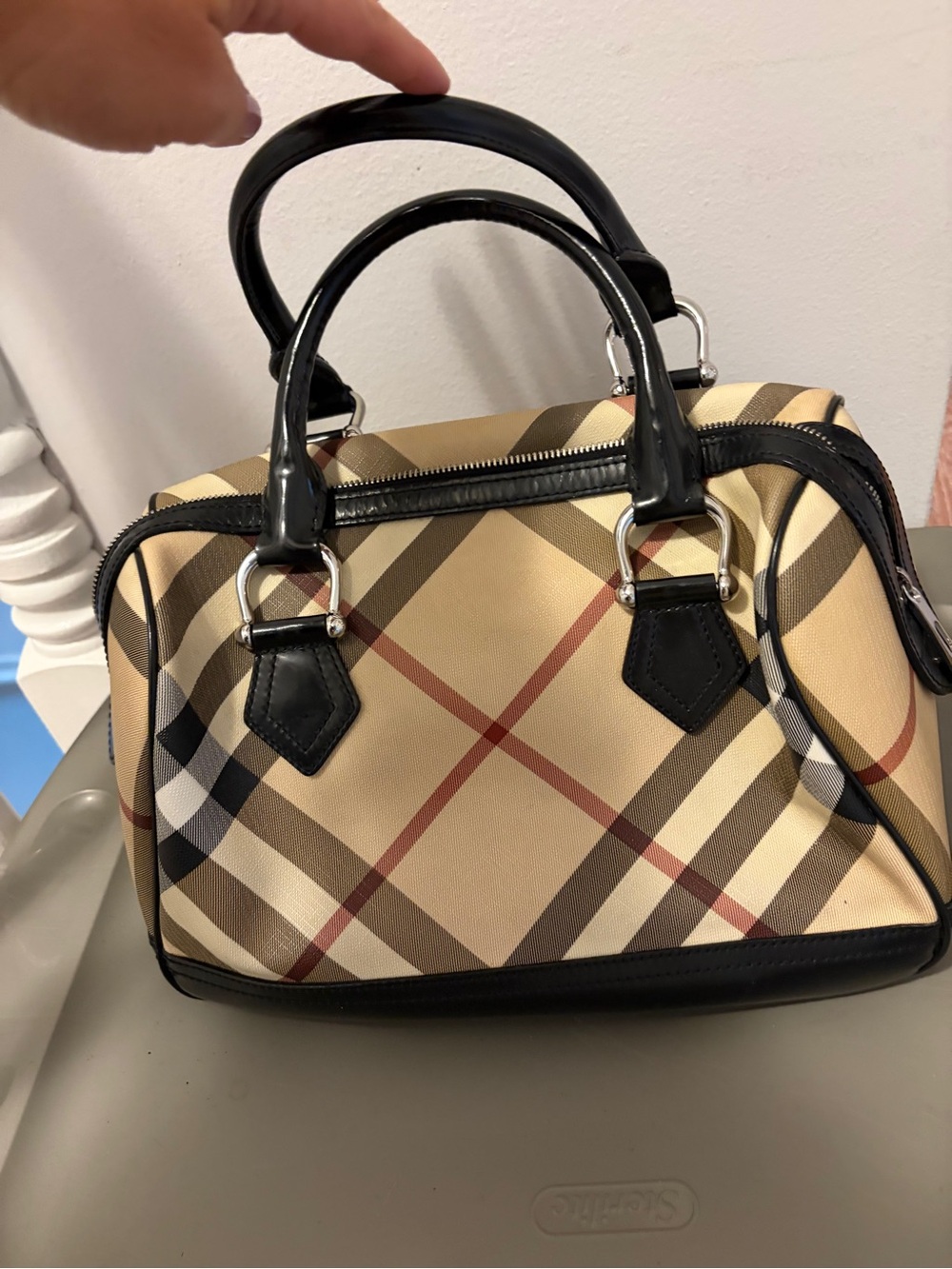 Authentic Burberry Nova Check Boston Bag Classic Plaid Satchel Handbag